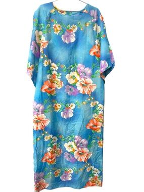 Vintage Pomare Ollare Hawaii Tropical Blue Floral Dress Maxi Hawaiian Muu Muu